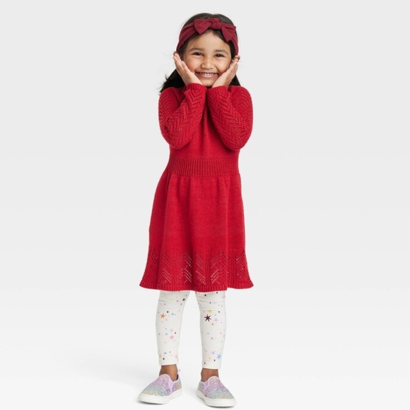 Cat & Jack Sweater Dress Red Lurex open stitch dress fit n flare Toddler 4T - Picture 4 of 15
